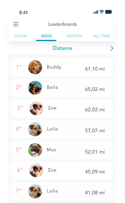 Findster App displaying the Leaderboards feature of the Findster Duo+ GPS pet tracker